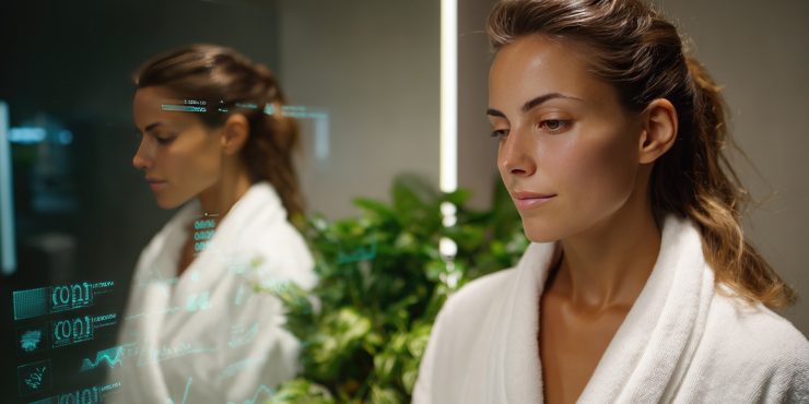 Woman in a white robe looking into a smart mirror with biometric diagnostics, illustrating humanmaxxing and self-optimization culture