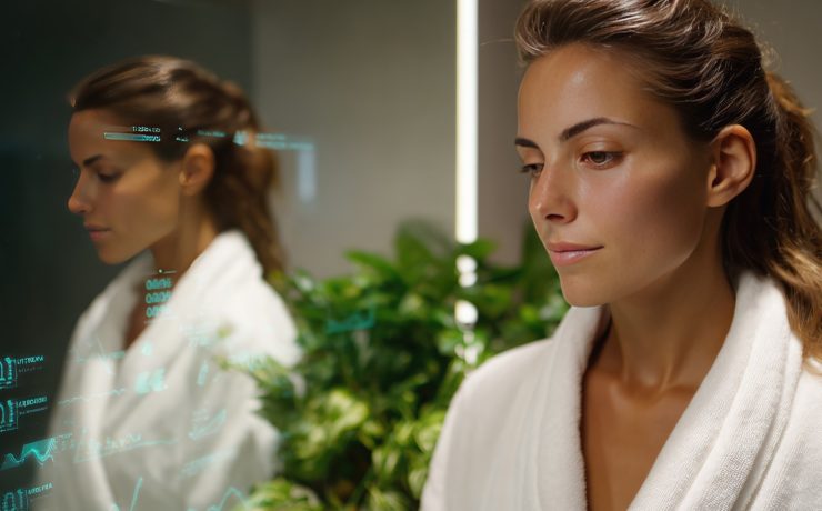 Woman in a white robe looking into a smart mirror with biometric diagnostics, illustrating humanmaxxing and self-optimization culture