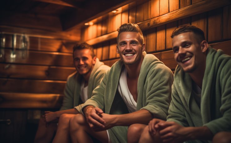 New York sauna wars social sauna culture with friends sitting in a wooden steam room