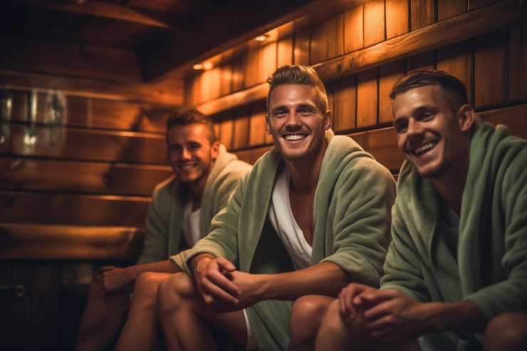 New York sauna wars social sauna culture with friends sitting in a wooden steam room